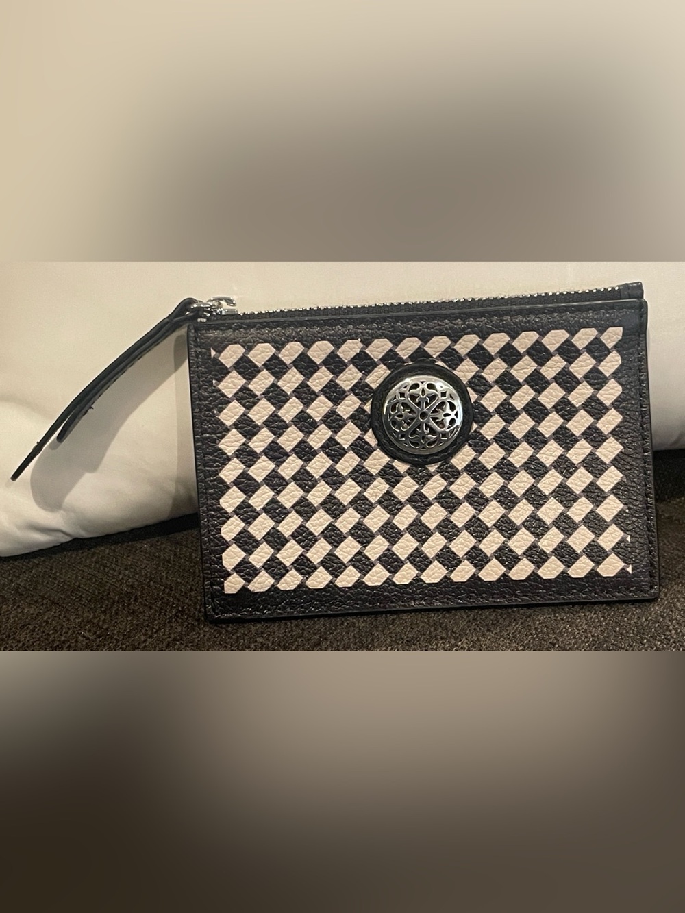 Brighton Black & White Woven Zip Card Wallet with Decorative Medallion